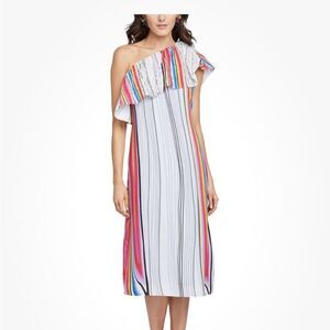 RACHEL Rachel Roy Multicolor Striped Flounce One Shoulder MIDI Dress - Plus 1X